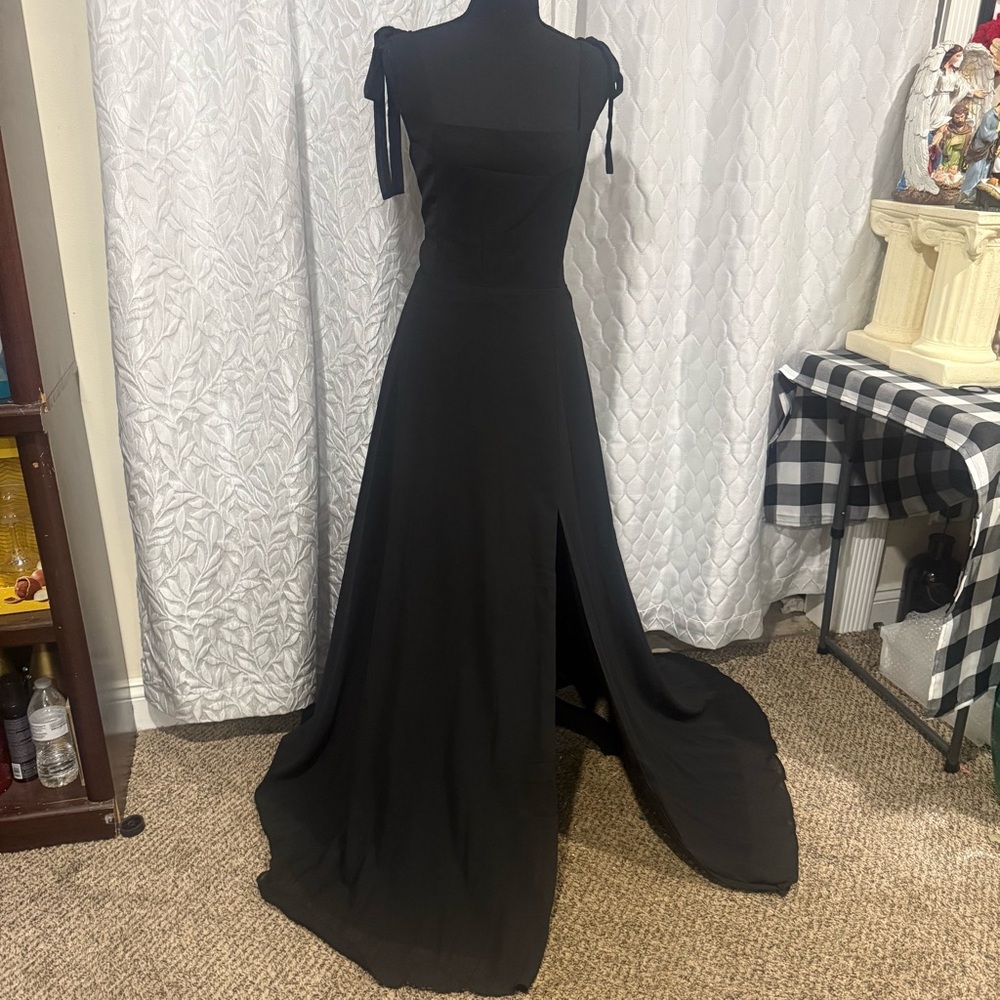 Black Formal Gown Dress Long Elegant Slit Bridesmaid Prom Size Large bow straps